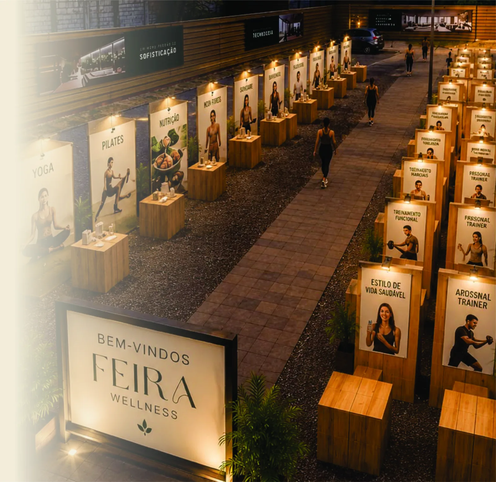 Estandes de madeira iluminados da Feira Wellness à noite