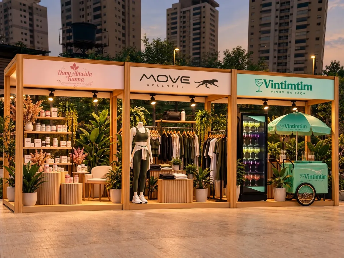 Projeção dos estandes de Dany Almeida Vianna, Move Wellness e Vintimtim, com estrutura de madeira iluminada
