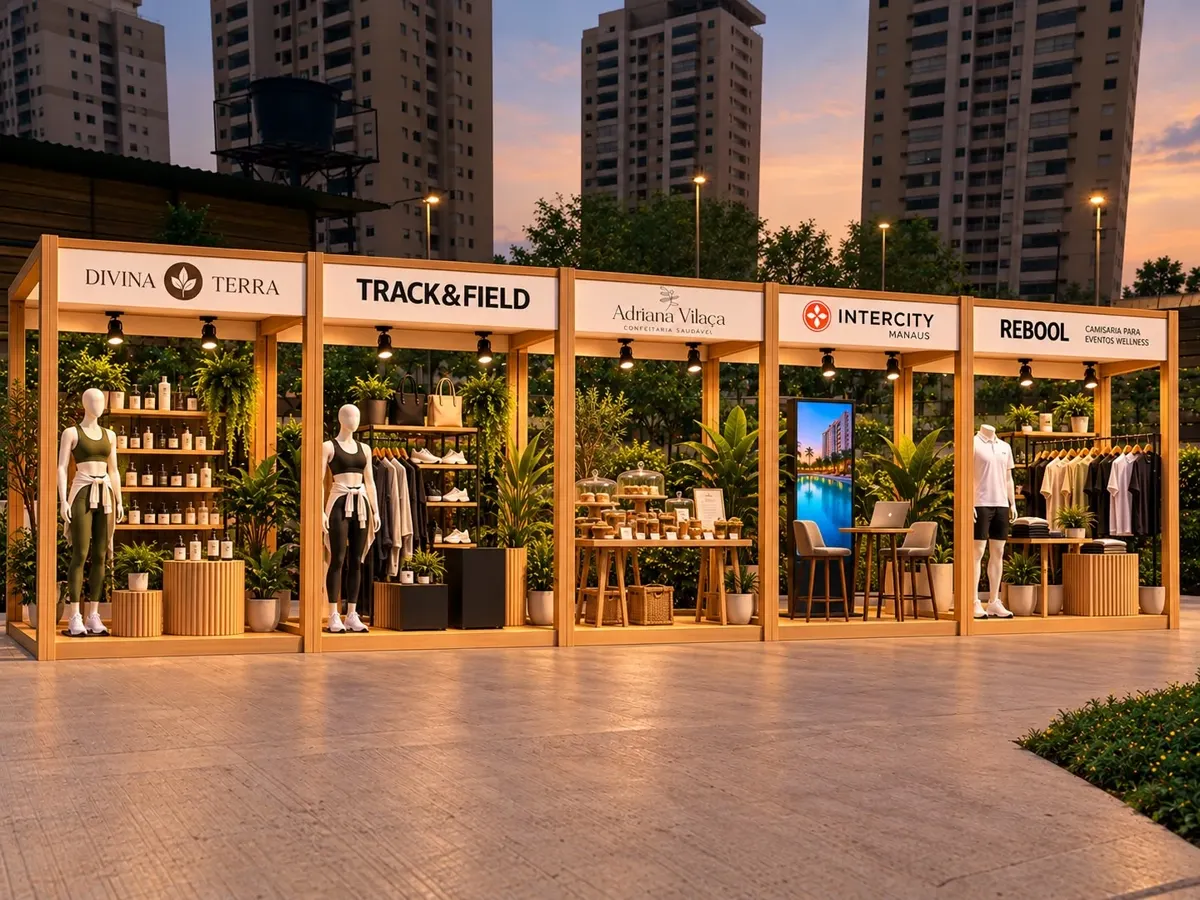 Projeção dos estandes de Divina Terra, Track&Field, Adriana Vilaça, Intercity Manaus e Rebool