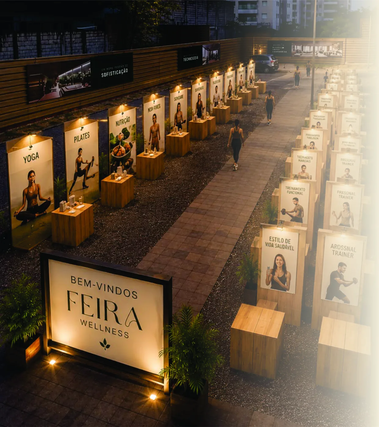 Vista noturna da Feira Wellness com estandes de madeira iluminados
