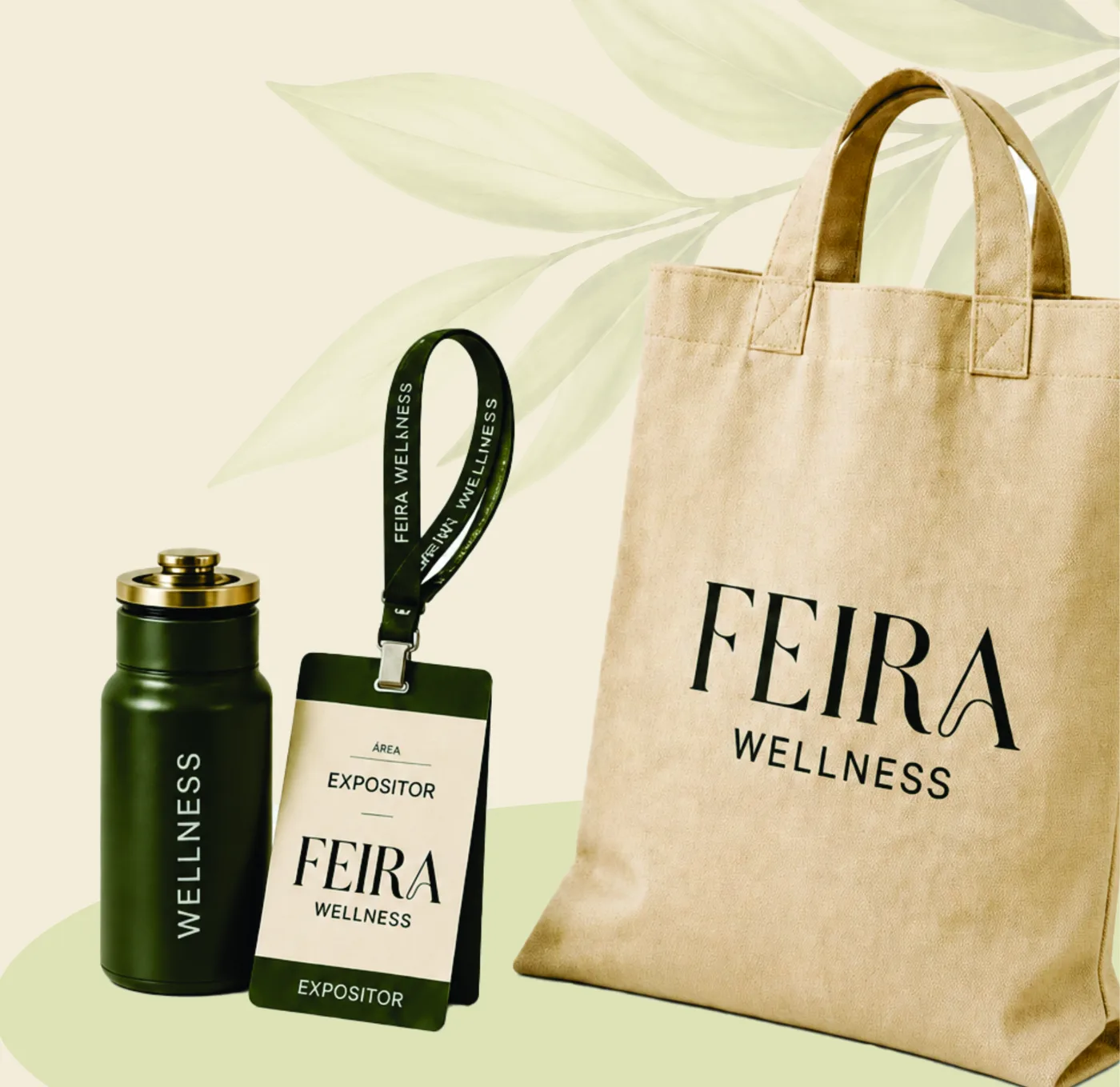 Kit do expositor da Feira Wellness: garrafa, credencial e ecobag